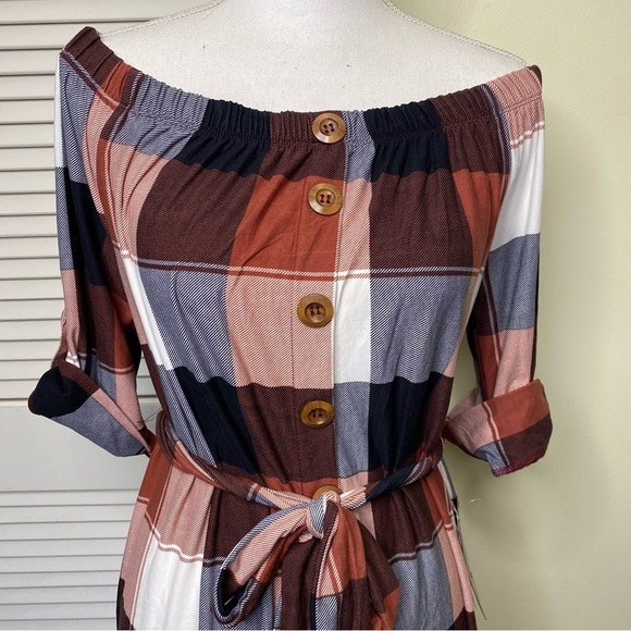 J for Justify Dress Off-Shoulder Plaid Mini Dress Women Belted Size Large - Picture 9 of 11